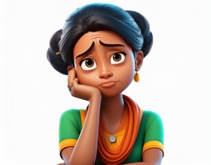 Thinking upset sad bored Indian cartoon character young woman