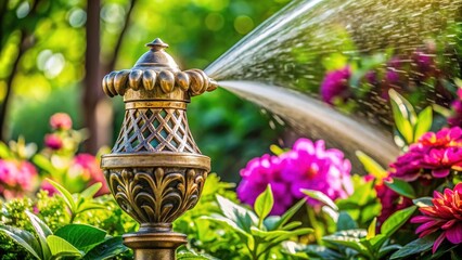 Water spray nozzle with intricate metal design and rounded grip, casting a fine mist on lush green leaves and vibrant flowers in the background.