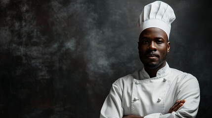 An experienced black male chef in a white uniform and hat, standing with pride and arms crossed against a dark background, showcasing professionalism and culinary expertise.