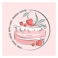 Cake shop or bakery logo. Cake or cupcake and berries. Vector illustration for menu, recipe book, baking shop.