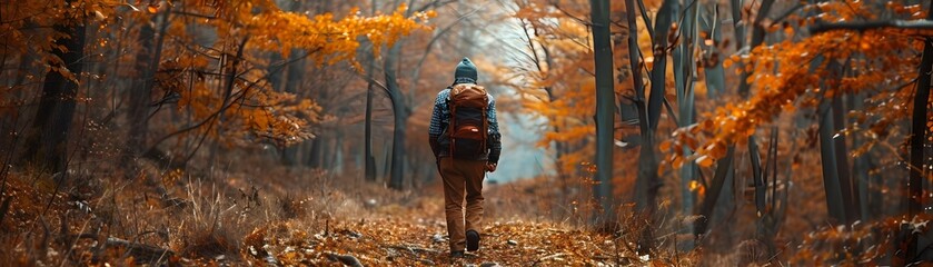 Naklejka premium Overweight Hiker Trekking Through Vibrant Autumn Forest Trail