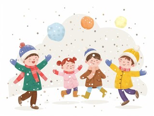Fototapeta premium Happy children play snow watercolor illustration isolated on white. AI generated
