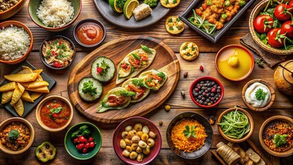 Vibrant colorful dishes from around the globe, including sushi, tacos, curry, and pasta, arranged on a wooden table, celebrating cultural culinary diversity.