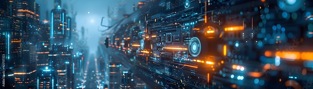 Poster futuristic cityscape with automated smart infrastructure and ai powered systems