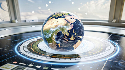 A holographic globe of Earth rotates on a sleek digital interface, set against a backdrop of advanced technology and bright sunlight