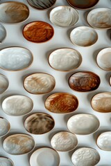 Aerial view of ceramic tableware with plates in light blue, navy blue, brown, and white, featuring multiple patterns and sizes on a clean white background.