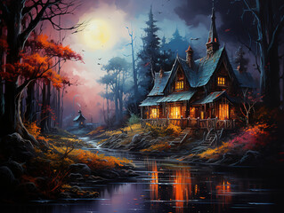 Obraz premium Awesome Halloween cabin in the wood background
