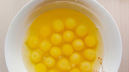 Broken eggs in a plate. Raw yolk and white of quail eggs. Proper nutrition. Cooking scrambled eggs....