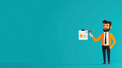 Fototapeta premium Dream Home Planning - Cute Cartoon Character Holding Keys with Asset Checklist in Flat Design Illustration