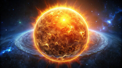 A bright sun shines intensely, casting light over swirling cosmic clouds in a mesmerizing display of interstellar beauty