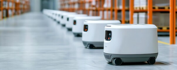 Futuristic warehouse, automated robots, global e-commerce logistics, high-tech environment