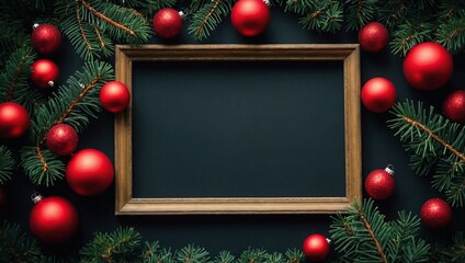 Fir tree branches with red christmas balls empty frame in center