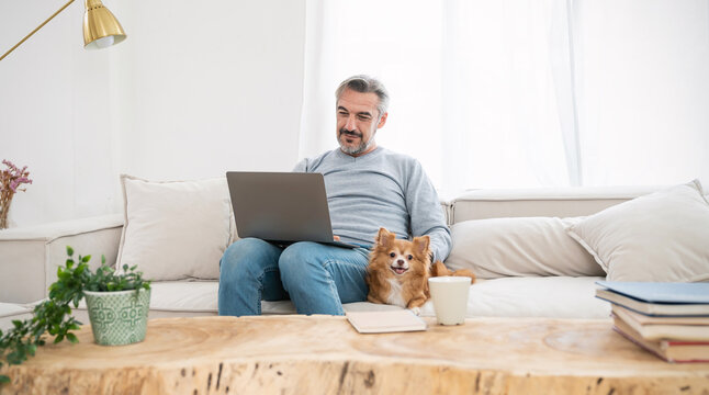 Portrait of senior old caucasian man stay home sit on the sofa  living room working on computer with lovely dog. Happy moment of pure love middle age male playing with little dog in winter