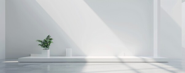 A minimalist scene showcases a 3D podium with a unique, sculptural design, surrounded by expansive white space. The ample copyspace enhances the podium's visual impact, ideal for marketing purposes.