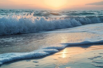 Naklejka premium Sea at sunset with waves on the beach