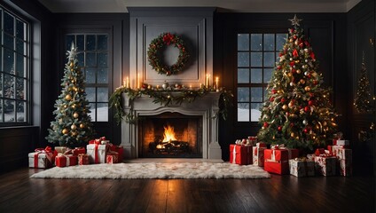 Fireplace Room Christmas Digital Backdrop tree stockings presents christmas tree cozy photography background props studio overlay new year