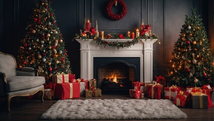 Fireplace Room Christmas Digital Backdrop tree stockings presents christmas tree cozy photography background props studio overlay new year 