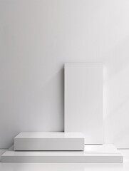 A sleek, rectangular 3D podium is positioned in a minimalist environment, providing a blank canvas for product displays or text. The surrounding copyspace ensures a clean and uncluttered presentation.