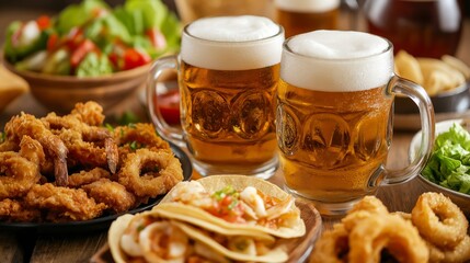 A delicious spread of tacos, fried seafood, and fresh salad accompanied by two beers at a casual dining table.