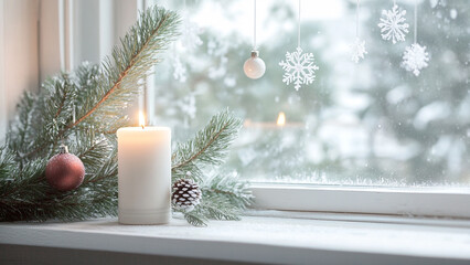 Simple Christmas Decor: Frosted Window with Candle and Snowflakes
