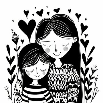 recommend clip art: Mother and daughter Hand drawn black line art style with abstract hearts and floral leaf, cartoon illustration on a white background