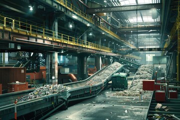 Fototapeta premium Industrial Conveyor System Transporting Crushed Aluminum Cans