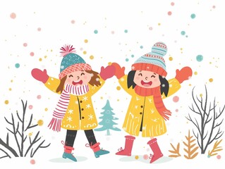 Happy children play snow watercolor illustration isolated on white. AI generated