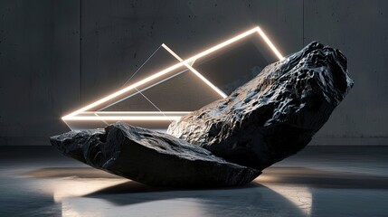 Reflective Black Rock as Product Display with Glowing Neon Geometric Structure - Modern Design Concept