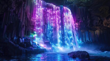 Neon Waterfall Fantasy: Black Rock Cliff Cascading with Glowing Particles and Product Display Platform