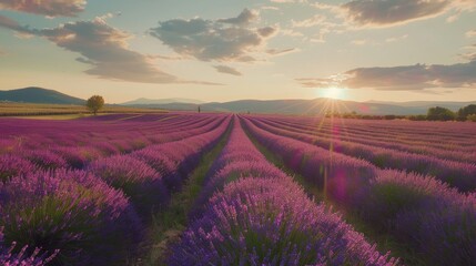 Obraz premium The lavender fields of Provence bloom vibrantly at sunset, filling the air with fragrance and creating a serene, dreamy atmosphere