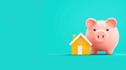 Financial Goals Achieved: Piggy Bank and Dream House Connection Illustration with Copy Space