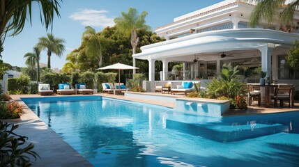 Fototapeta premium Beautiful home exterior and large swimming pool on sunny day with blue sky. 