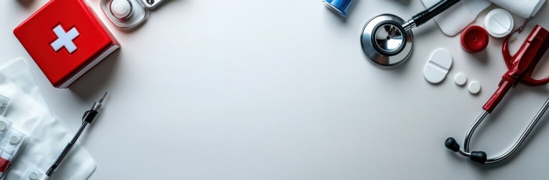 Medical Tools and First Aid Supplies Arranged on a White Background &ndash; Healthcare Concept Banner with Copy Space