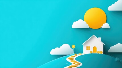 Home of Wealth: Hand-Drawn Dream House on Hill with Coin Path, Asset Management Steps Symbol, Copy Space, Flat Design Illustration