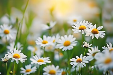 Fototapeta premium Flowers in the meadow. Beautiful natural background with daisies in spring and sunny day.