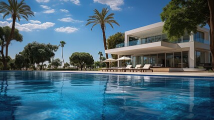 Fototapeta premium Beautiful home exterior and large swimming pool on sunny day with blue sky. 