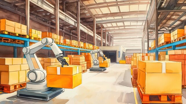 Vibrant watercolor depiction of an e-commerce warehouse with robotic arms sorting packages, seamless logistics operations