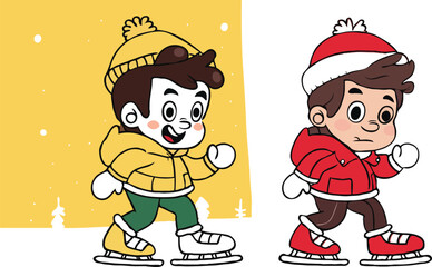 
Coloring page features a simple drawing of red yellow with baby boy & girl ice skating, designed cartoon character image for young children
