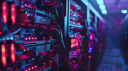 Close-Up of Server Racks with Red and Blue Lights - Photo