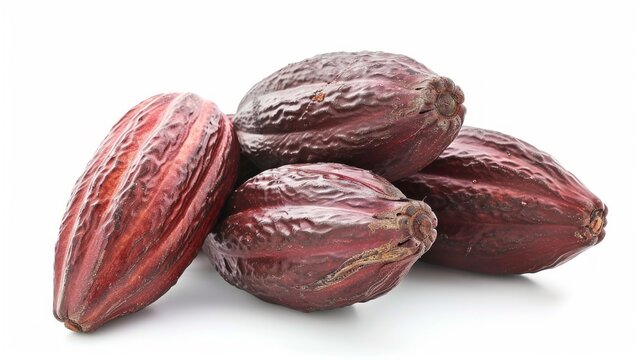 Fresh cacao fruits isolated on white background. Dark red cocoa pods. Clipping path