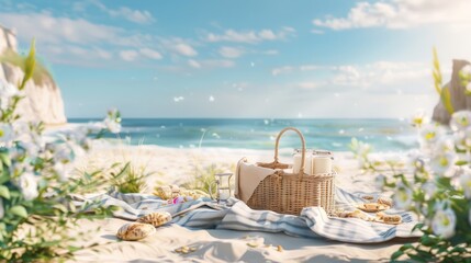 Obraz premium A Summer Picnic Basket on a Sandy Beach by the Ocean