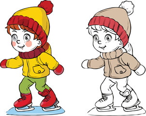 
Coloring page features a simple drawing of red yellow with baby boy & girl ice skating, designed cartoon character image for young children