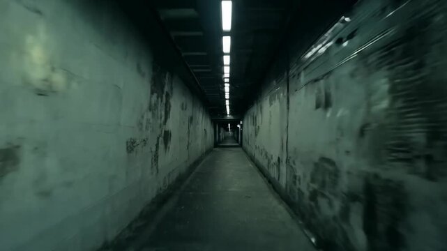 First-Person View Running Through Dark, Abandoned Corridor with Flickering Lights. Eerie and Suspenseful Atmosphere