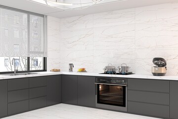 Minimalistic modern kitchen with ceramic countertop, grey shelfs, table, chairs and parquet floor, white interior design, wooden furniture, white marble floor. 3D Illustration. 3D Rendering