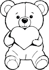Black and white illustration of a Teddy plush bear holding a heart illustration