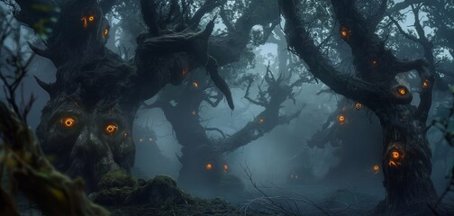 Enter a spooky forest on halloween night, shrouded in mist and shadows with glowing eyes peering from twisted branches, capturing a haunting landscape perfect for chilling halloween celebrations