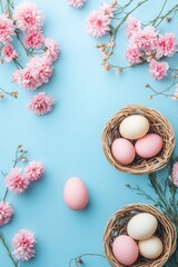 Baskets with eggs and pink flowers