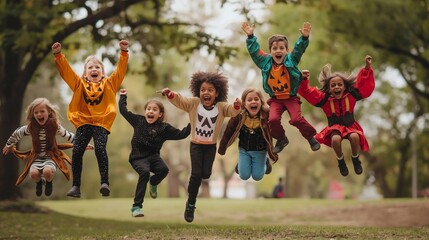 Excited children jumping in the air wearing halloween costumes. They are outdoors on a paved driveway with a brick house in the background