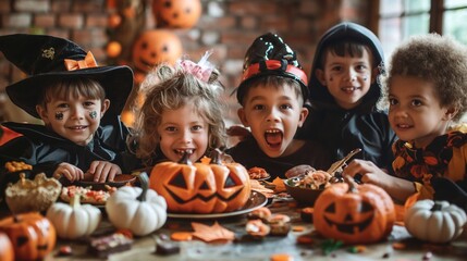 Five children wearing halloween costumes are sitting at a table decorated with pumpkins, candles, and other halloween decorations. The children are all looking in different directions