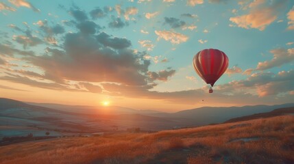Obraz premium A Hot Air Balloon Ascending Over Rolling Hills at Sunset